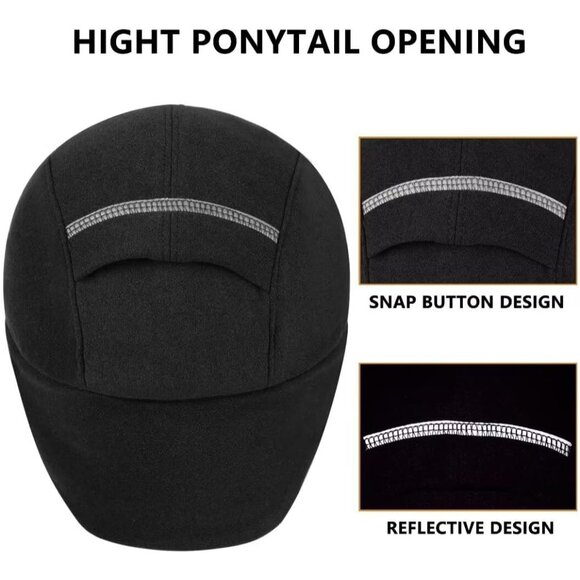 Women's Black Winter Ponytail Reflective Drop Down Ear Warmer Fleece Running Hat - Picture 3 of 6
